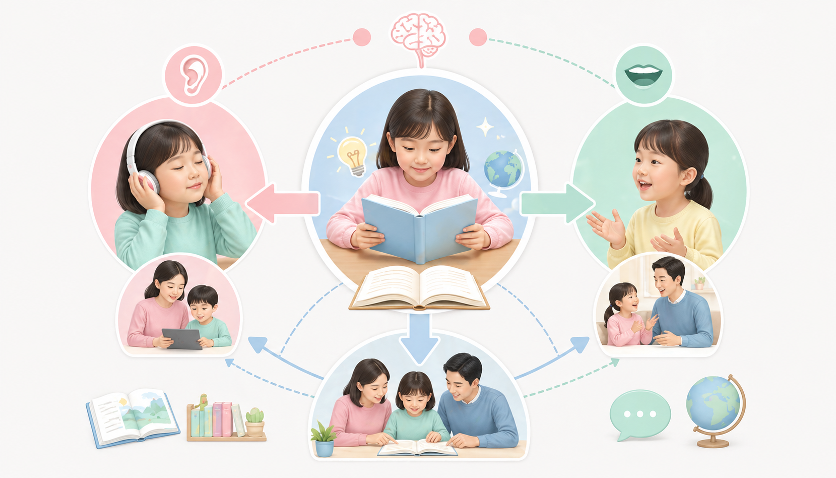 영어 읽기 안되면 듣기 말하기에 미치는 영향을 보여주는 교육 다이어그램