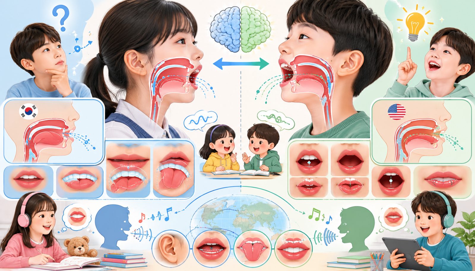 한국어와 영어 발음 차이를 보여주는 음성학적 다이어그램 - 발음 교정 원리 설명