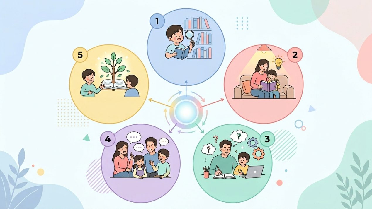 중학생 영어 독해력 늘리기 5단계 해결 방법을 보여주는 인포그래픽