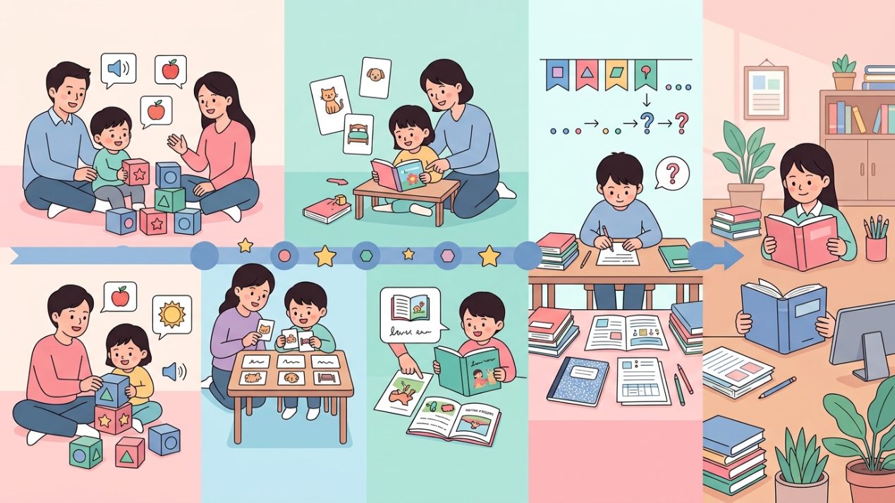파닉스 후 문법 학습 단계별 진행 과정을 보여주는 교육 다이어그램
