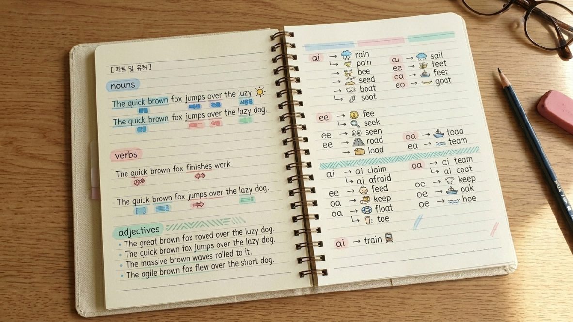 파닉스 기반 컬러 코딩 시스템을 활용한 중학생 영어 노트 쓰는 법 예시