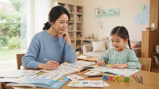 파닉스 교재 보완 방법을 고민하는 학부모와 아이