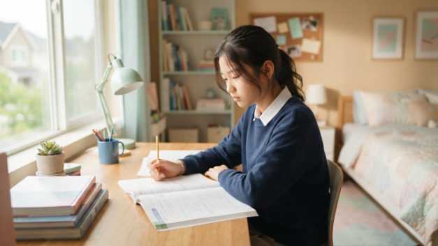 중학생 영어 못하는 이유를 고민하듯 교재를 바라보는 중학생