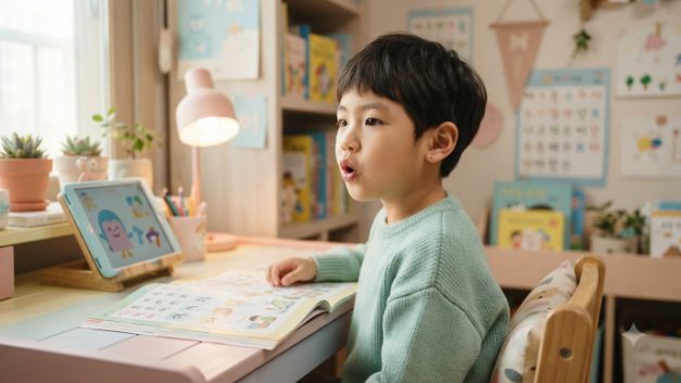 초등학생이 영어 발음 연습을 하는 모습 – 파닉스 이후 발음 교정