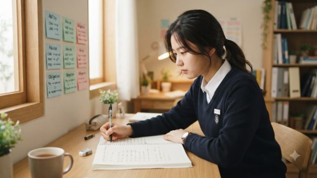 can must should may 조동사 비교 정리 노트 작성 중인 학생