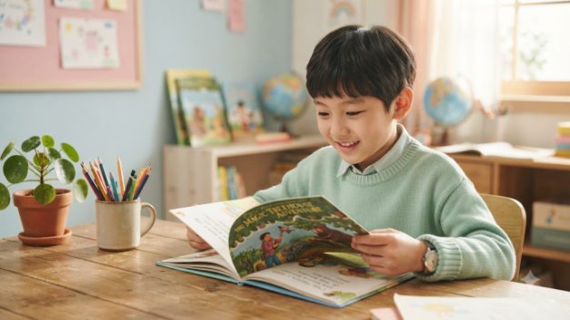 초등학생이 영어 그림책을 집중해서 읽는 모습