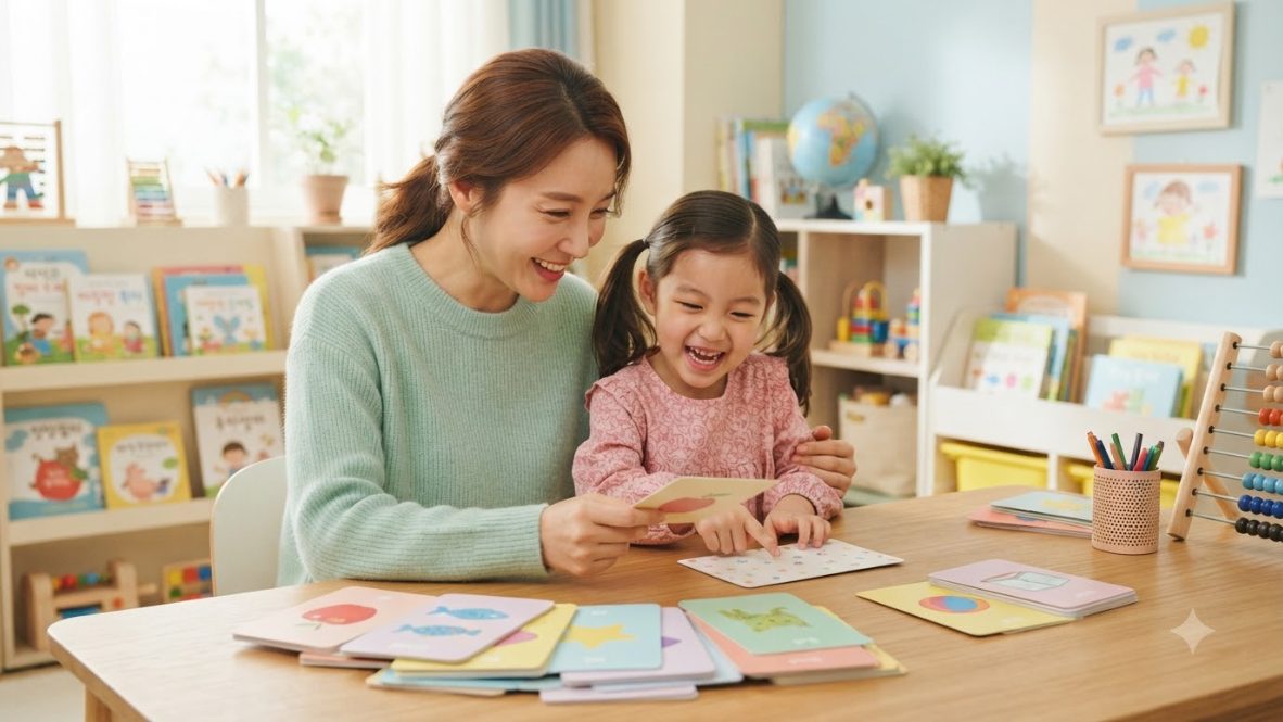 학부모와 아이가 함께 영어 문장 패턴 카드로 공부하는 모습