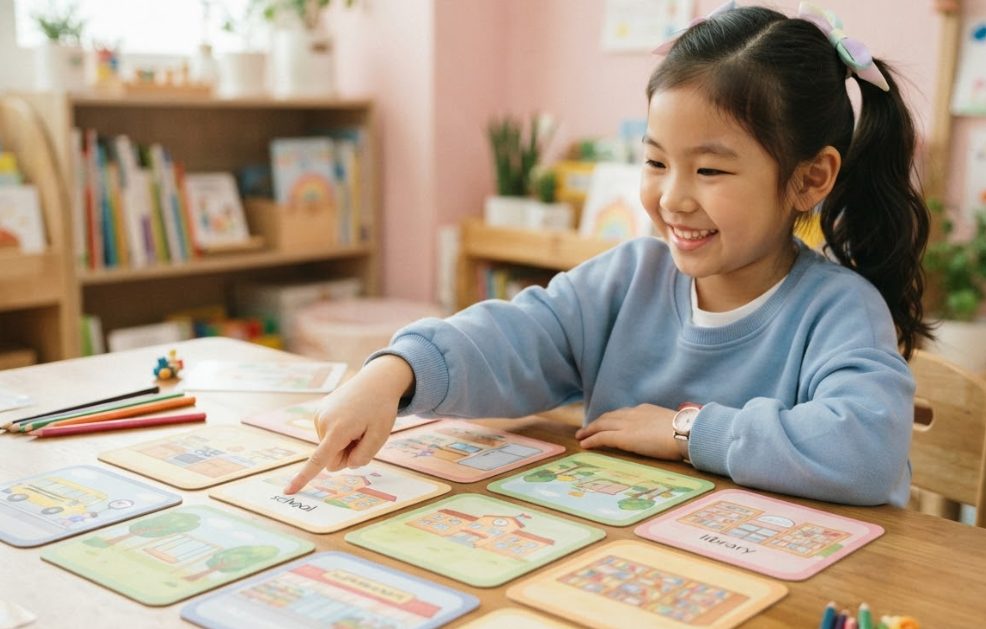 장소전치사 카드로 공부하는 초등학생