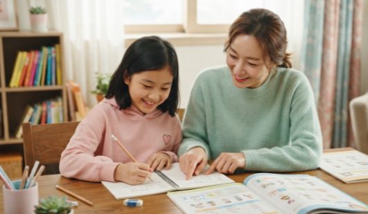 영어 과거시제 규칙동사 ed 붙이는 규칙을 함께 공부하는 모습