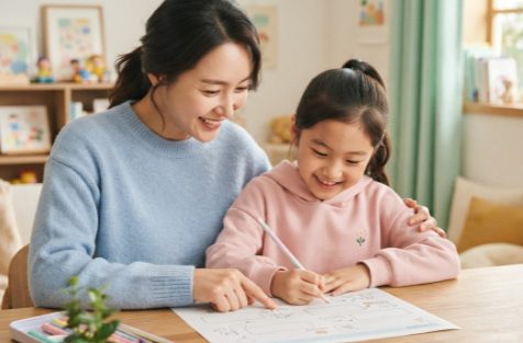 학부모와 아이가 함께 be동사 ing 학습자료를 보는 모습