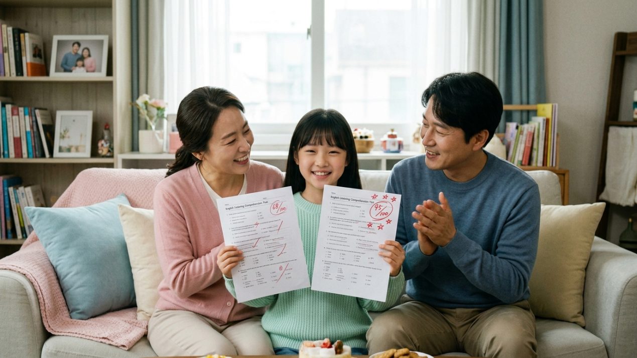 영어 받아쓰기 실력이 향상된 초등학생과 기뻐하는 한국 가족의 성공 사례
