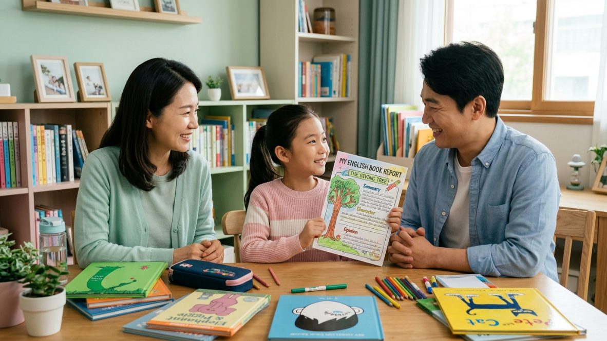 영어 독후감 한 페이지를 완성하고 뿌듯해하는 초등학생과 부모님