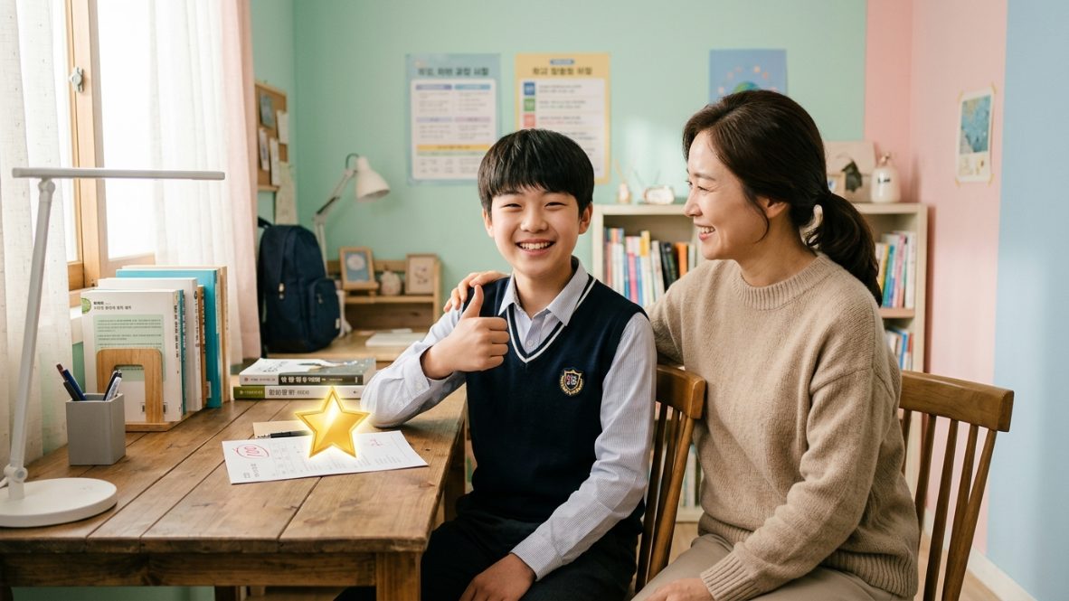 영어 말하기 수행평가 고득점 후 기뻐하는 중학생과 학부모 성공 사례 이미지