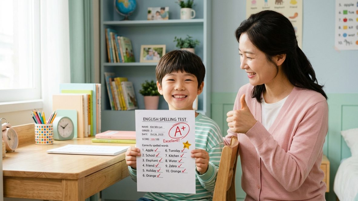 초등 받아쓰기 교정 성공 후 기뻐하는 아이와 학부모