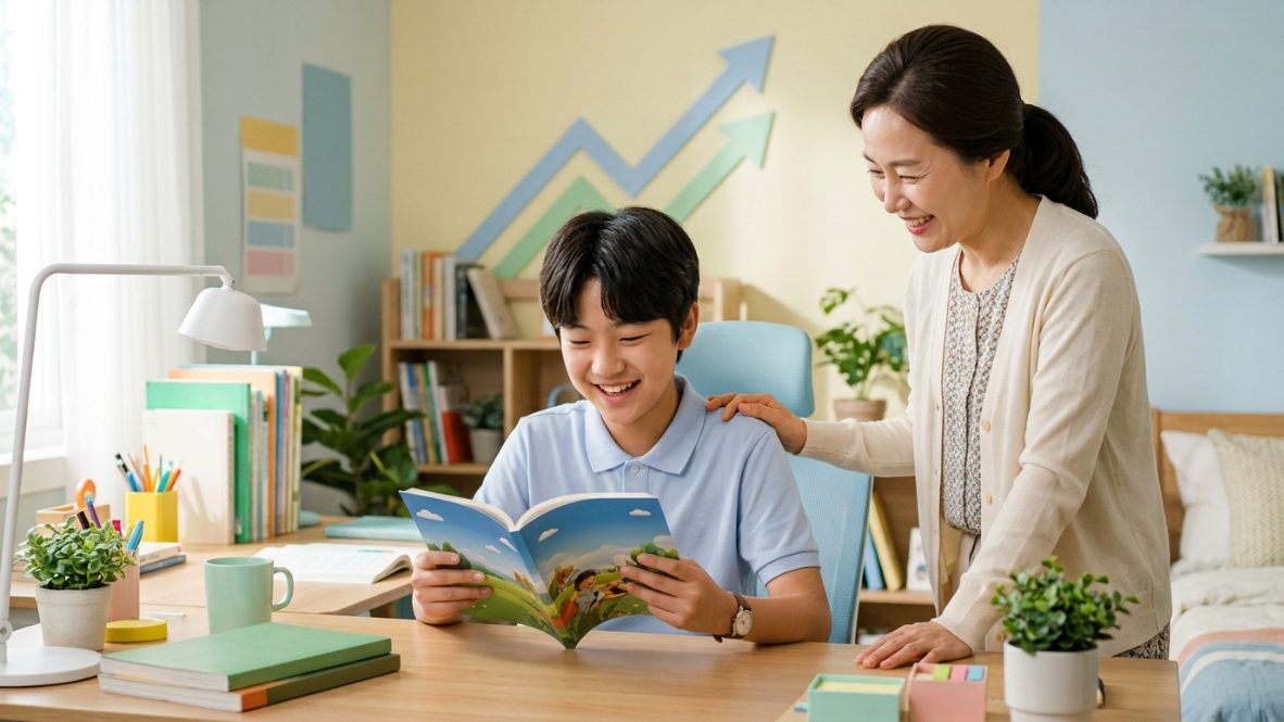중학생 영어 독해력 키우기 성공 후 자신감 있게 영어책을 읽는 학생과 기뻐하는 학부모