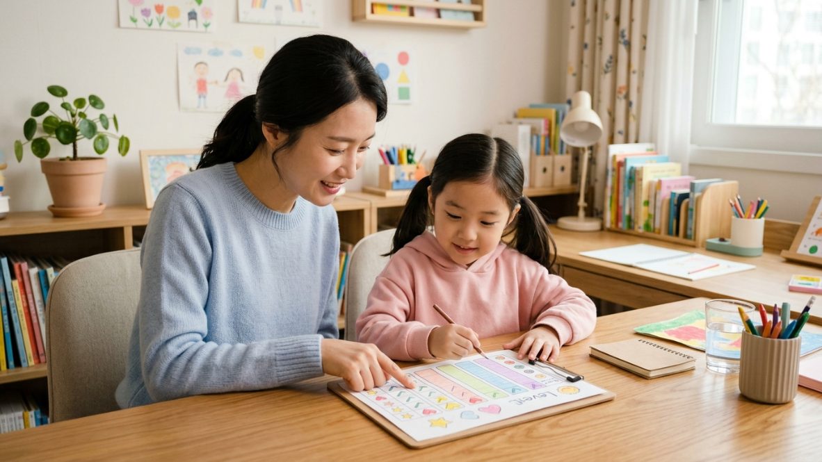 수준별 영어회화 선택 - 학부모와 아이가 영어 수준을 함께 점검하는 모습