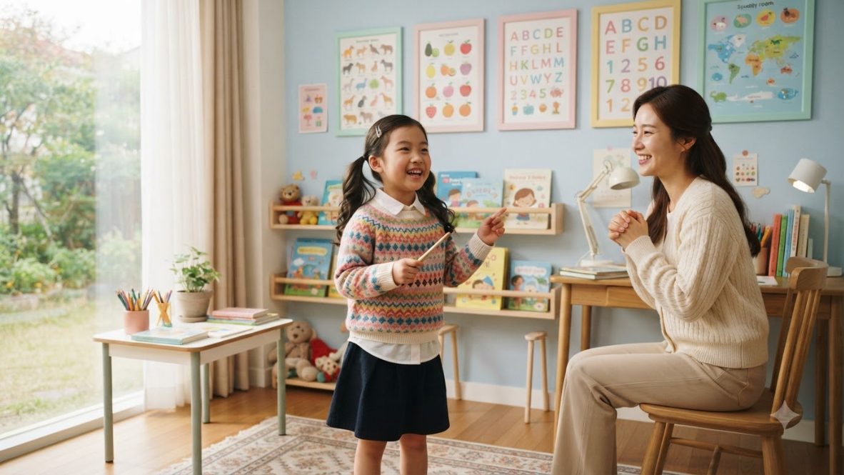 유아 영단어 학습 후 자신감 있게 영어를 말하는 아이 모습