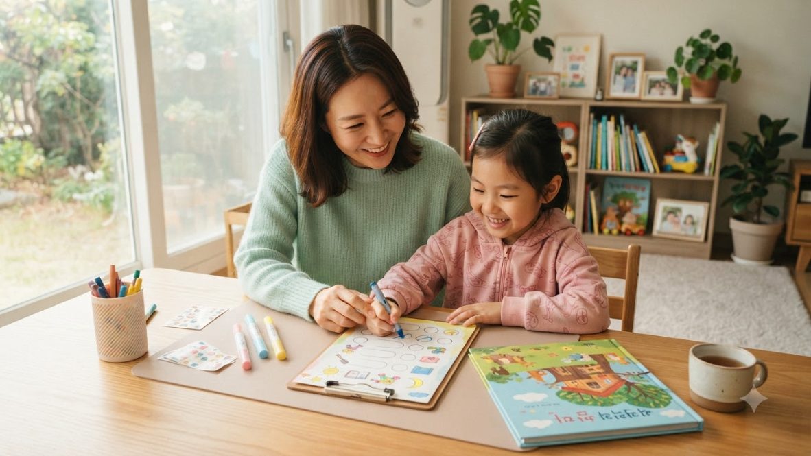 초등1학년 영어 준비 체크리스트를 함께 확인하는 부모와 자녀