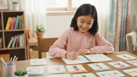 불규칙동사 정리 플래시카드로 영어 과거형을 복습하는 초등학생