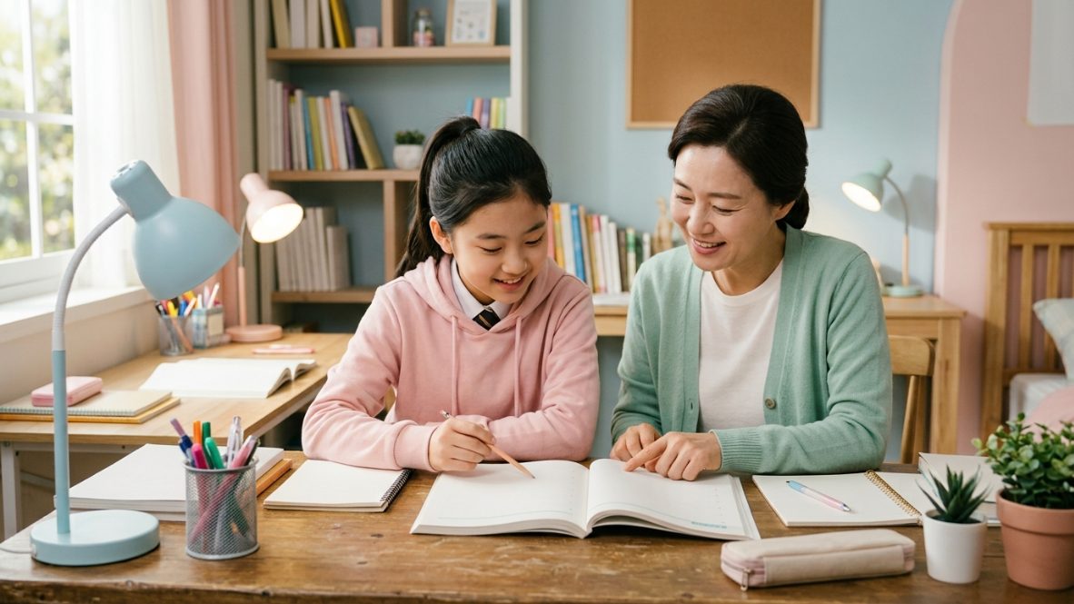 중학생 영어 어휘력 늘리기를 위해 엄마와 함께 공부하는 아이