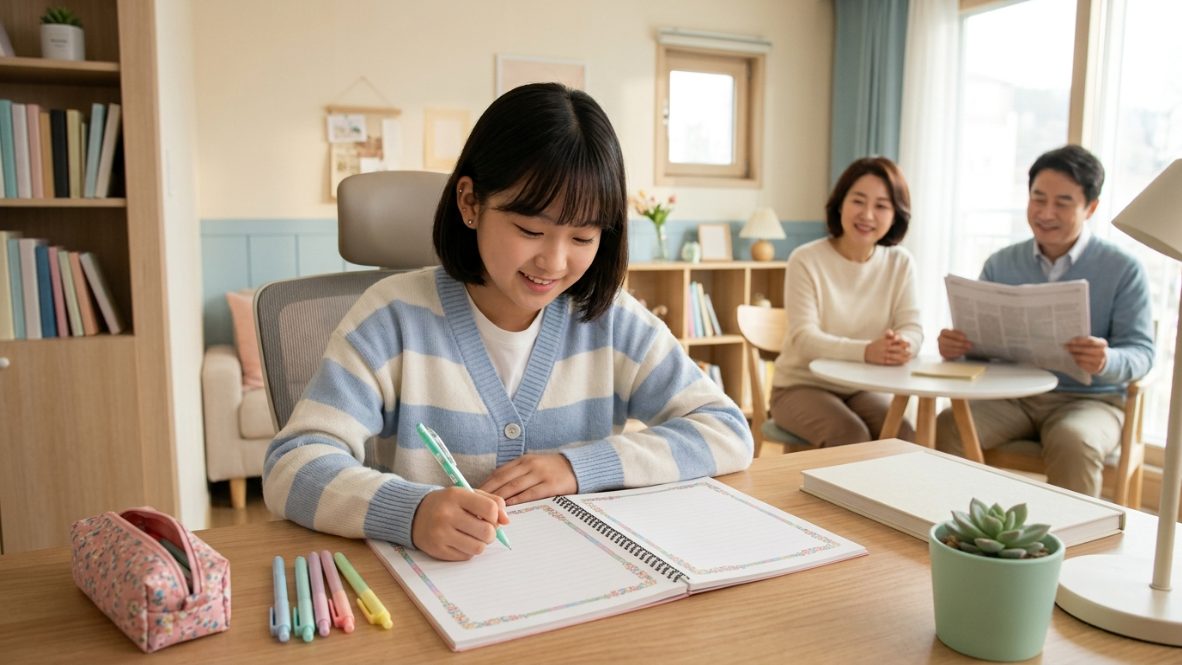 중학생 영어 노트정리법을 실천하는 학생의 체계적인 영어 필기 모습