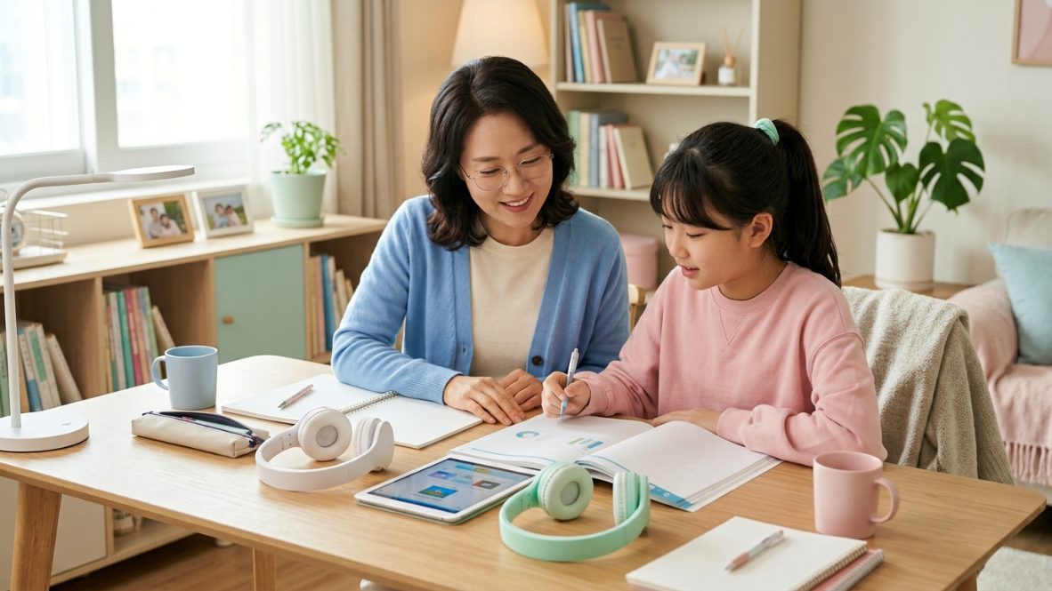 중학생 영어 듣기평가 공부법을 함께 준비하는 한국인 엄마와 딸