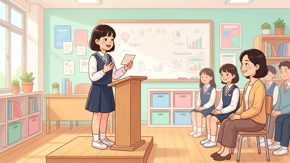 중학생 영어 말하기 수행평가를 자신감 있게 발표하는 한국 중학생과 응원하는 학부모