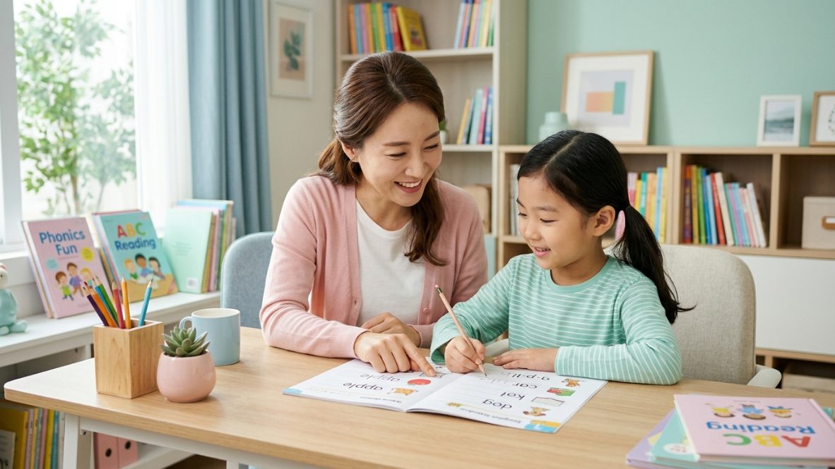 초등학생 영어 받아쓰기 공부하는 한국 엄마와 아이