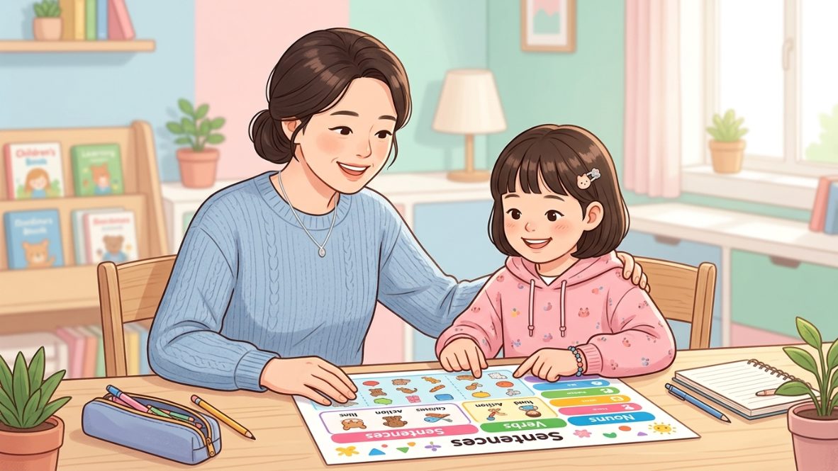 초등 영어문법정리를 함께 공부하는 한국인 엄마와 초등학생 아이