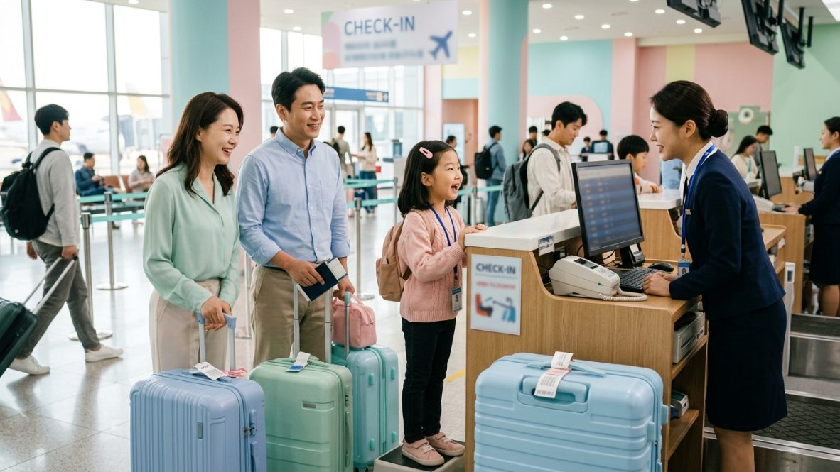해외여행 공항에서 여행영어로 자신 있게 말하는 초등학생 아이와 학부모