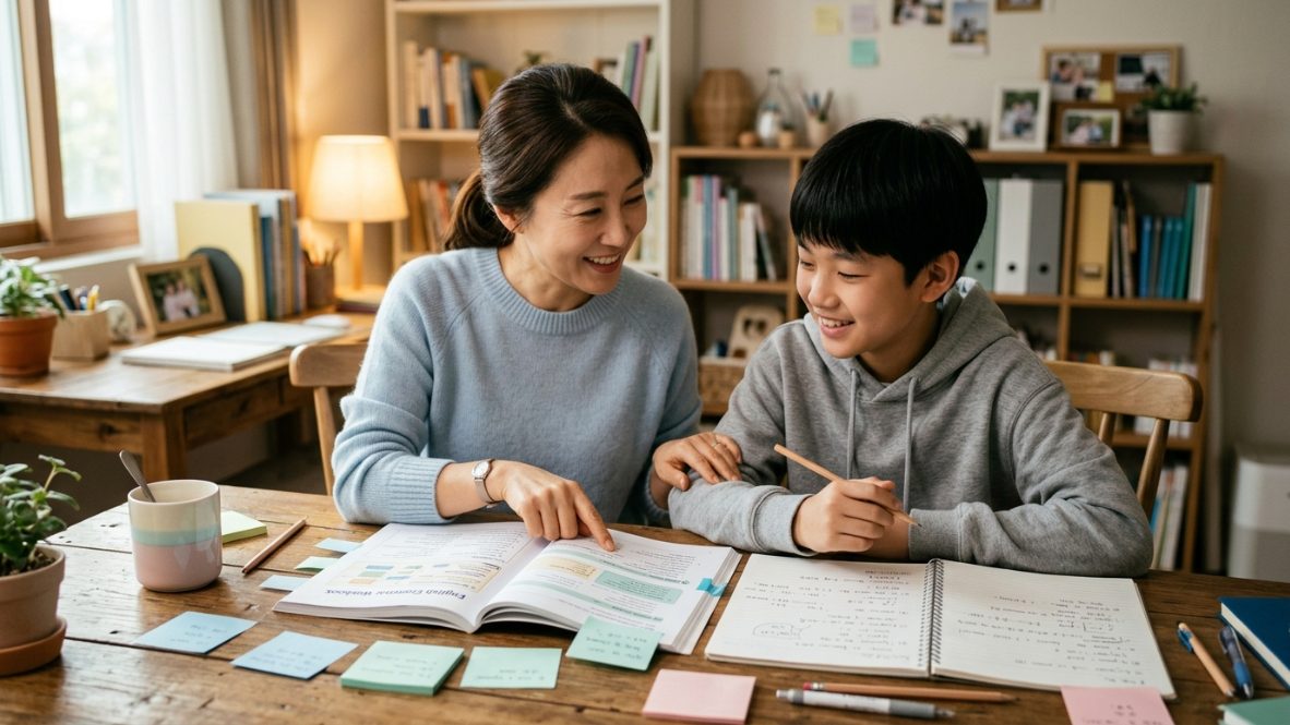 중학생 영어 문법 오답 교정 루틴을 함께 공부하는 한국 엄마와 중학생 아들