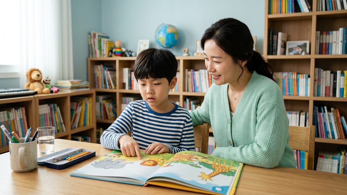 초등학생 영어 읽기 유창성 고민하는 아이와 엄마가 함께 영어책을 보는 모습