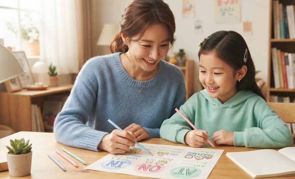 초등 영어 전치사 in on at 학습 중인 한국 부모와 아이