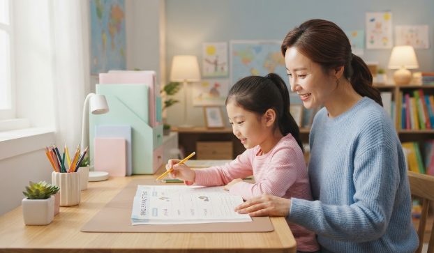 초등 고학년 일반동사 과거형 공부하는 학부모와 아이